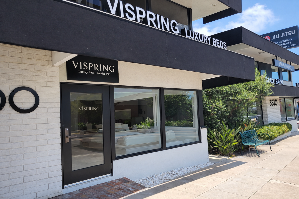 Vispring Luxury Beds store front with branding displayed